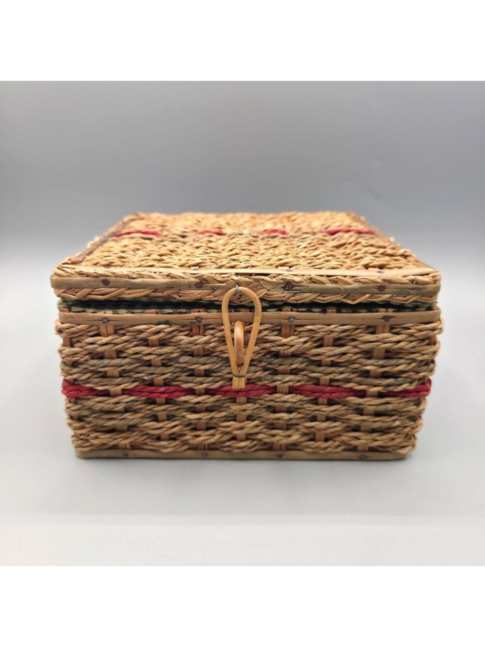 Vintage Woven Sewing Basket Hinged Lid Mid Century Green Satin Lining Cottage